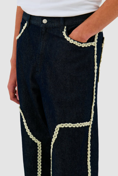 Flower Trim Denim Pants - Dark Wash