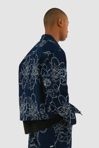 Flower Stitch Denim Jacket - Navy