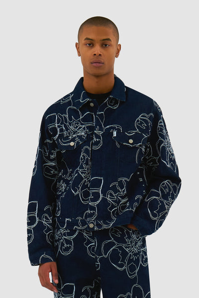 Flower Stitch Denim Jacket - Navy