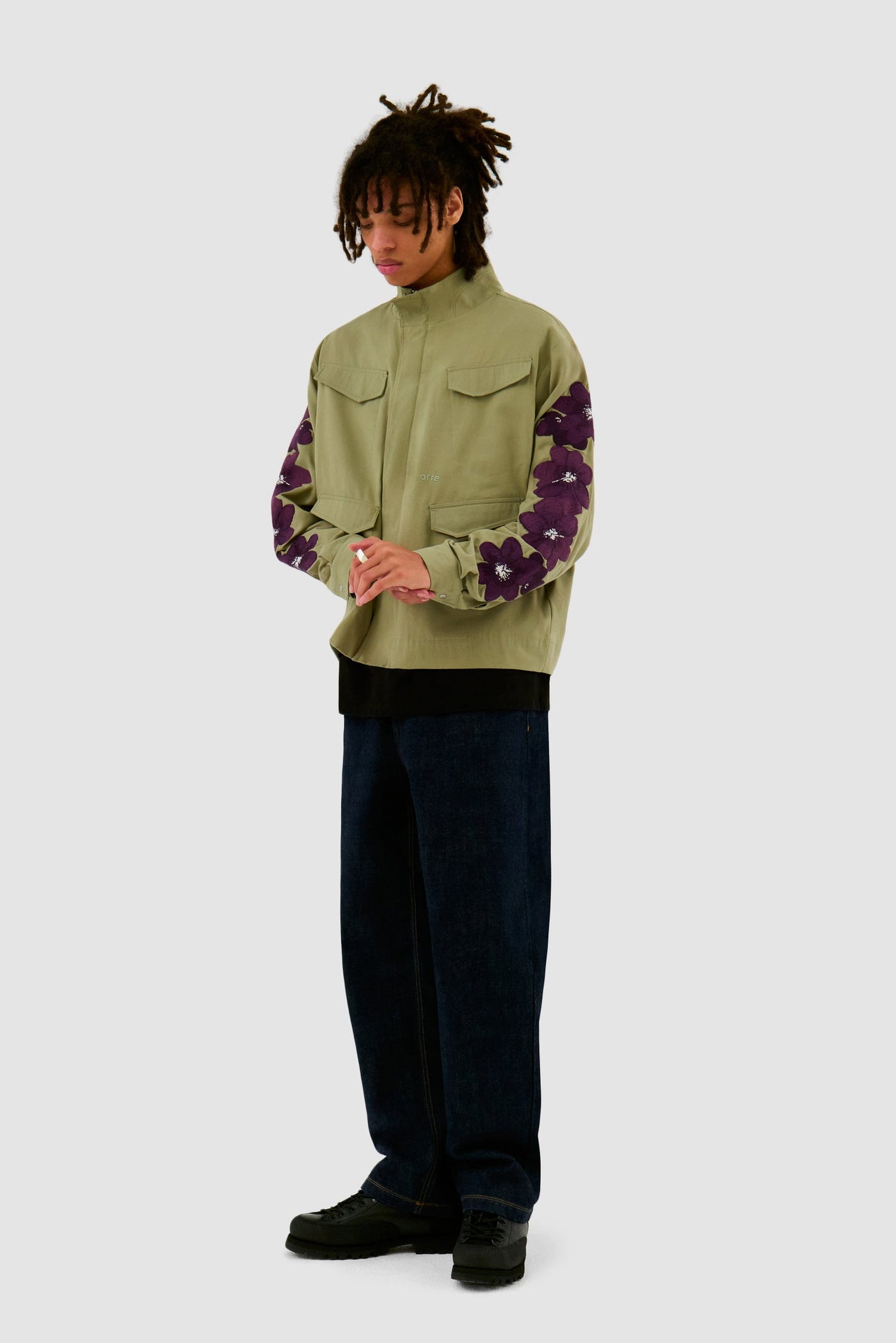 Flower Embroidery Jacket - Olive Green