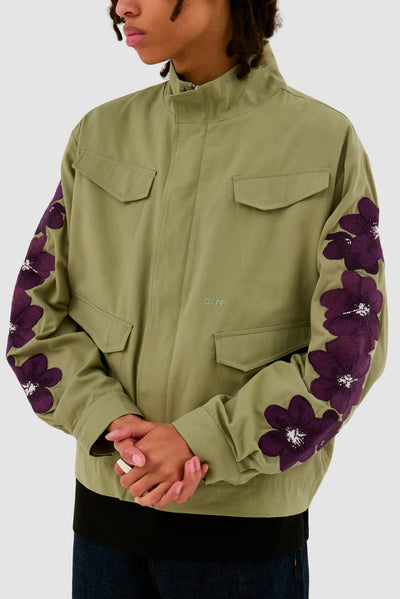 Flower Embroidery Jacket - Olive Green