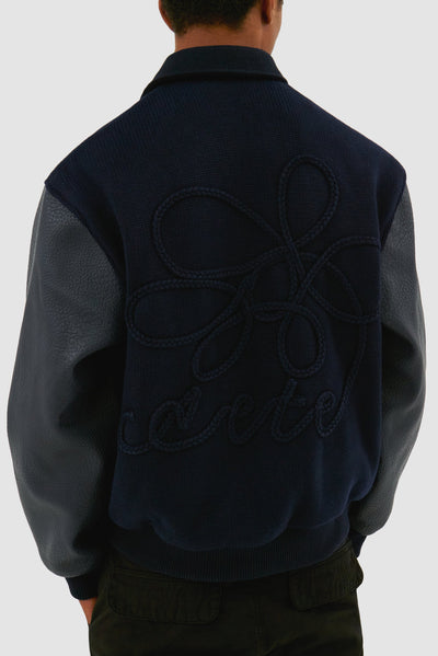 Embroidered Flower Varsity Jacket - Navy