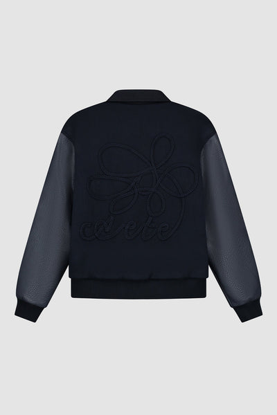 Embroidered Flower Varsity Jacket - Navy